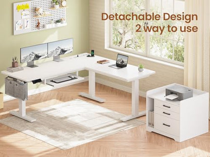 SEDETA L Shaped Standing Desk with File Cabinet, 3 Drawers, Power Outlet | 63 x 53'' Electric Height Adjustable Gaming Computer Desk with Led Lights for Home Office, Gaming Room, White - color: White, size: 63 x 53'' L Shaped Standing Desk
