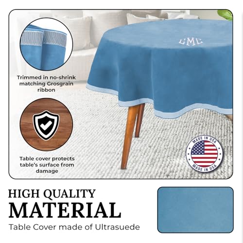 Personalized 54" Round Table Cover – Bridge Table Covers with Soft Ultra-Suede Fabric - Washable Table Cover Protects Cards & Tiles, Reduces Noise - Round Tablecloth for Game Night, Mahjong & Poker - color: Wedgewood Blue Embroidered, size: 54"