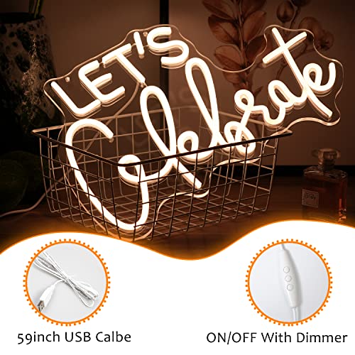 Let's Celebrate Neon Sign Dimmable Warm White Neon Light Let's Celebrate Neon Signs for Wall Decor Powered by USB Words LED Lights for Bedroom Party Thanksgiving(16.5"x11.8") | USB Powered Letters Led Signs,Party Holiday Led Light Sign,Graduation back to