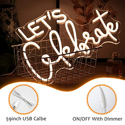 Let's Celebrate Neon Sign Dimmable Warm White Neon Light Let's Celebrate Neon Signs for Wall Decor Powered by USB Words LED Lights for Bedroom Party Thanksgiving(16.5"x11.8") | USB Powered Letters Led Signs,Party Holiday Led Light Sign,Graduation back to