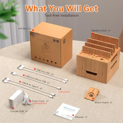 Pezin & Hulin Multi Device Charging Station with Drawer & USB Charger | All in One Dock Organizer with Large Storage, Bamboo Rack for Phones, Tablets, Watch, Earbuds (Charger & 5 Cables Included) - color: #2 (With Charger)
