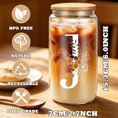 DHQH Birthday Gifts for Women, Monogrammed Gifts Box Included 16 oz Initial Glass Drinking Cup,Canvas Tote Bag, Personalized Iced Coffee Tumbler Gift for Women Her Mom Teacher Friends Sister, J - color: letter-cup-j