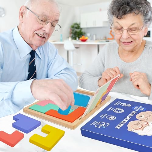 Memory Game Puzzles for Seniors, 8 Wooden Tile Matching Dementia Activities | Easy Elderly Brain Toy for Alzheimers Patients Product, Large Cognitive Mind Care Craft Gifts Pattern Blocks Board Gadgets