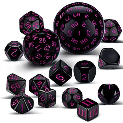 Civaner 15 Pcs Complete Polyhedral Dice Set D3-D100 Spherical RPG Dice Set in Opaque Black, 100 Sides for Role Playing Table Games Party Supplies(Black and Purple) - color: Black and Purple