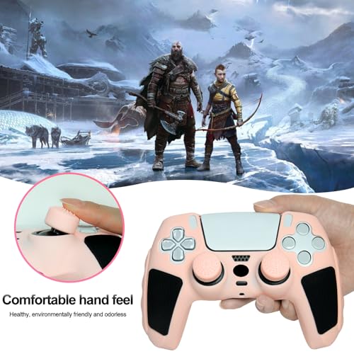 Anti-Slip Peach Pink PS5 Controller Skin,Soft Thicken Studded Protective Silicone Cover Skin Grips Compatible with PS5/Slim/Pro Controller and 8 PCS Thumb Grips Caps. - color: Peach Pink & Black