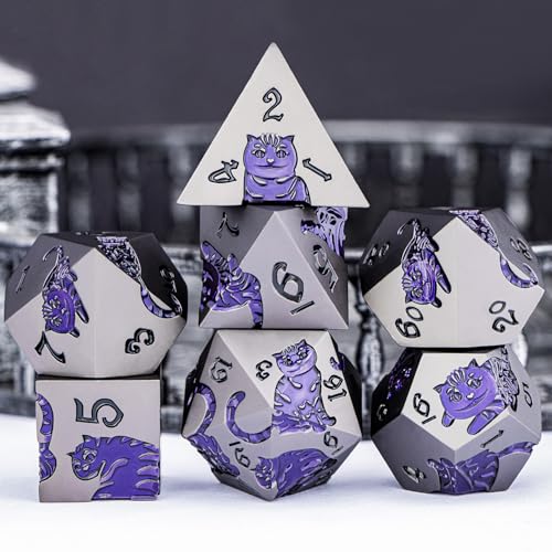 Metal DND Cat Dice 7PCS Polyhedral RPG Dice Set with Gift Case for Dungeons Dragons Role Playing Game, D and D Dice D6 D8 D10 D12 D20 D% (Grey Purple) - color: Cat-grey Purple