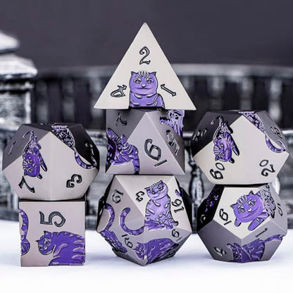 Metal DND Cat Dice 7PCS Polyhedral RPG Dice Set with Gift Case for Dungeons Dragons Role Playing Game, D and D Dice D6 D8 D10 D12 D20 D% (Grey Purple) - color: Cat-grey Purple