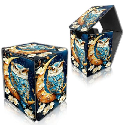 for MTG Deck Box, Trading Card Storage Case Holds 100+ Sleeved Cards, Owl on Golden Crescent Moon with Flowers Magnetic Closure Durable Deck Holder for Magic The Gathering, TCG & Commander - color: Owl on Golden Crescent Moon with Flowers