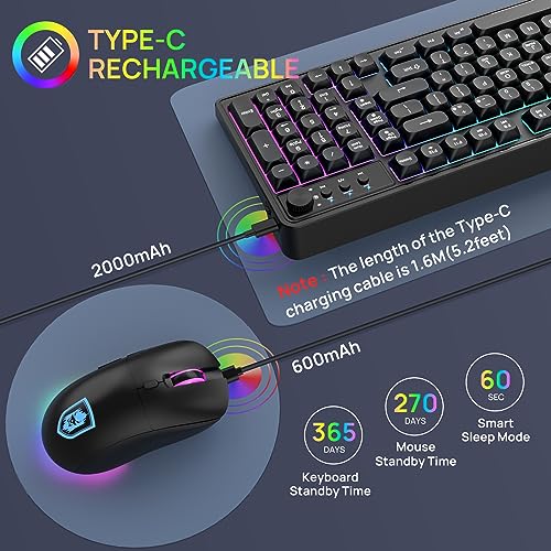 KOLMAX BT98 Wireless Keyboard and Mouse Combo,Triple Mode 2.4G/Wired/Bluetooth Gaming Keyboard and Mouse,Rechargeable Ergonomic RGB Backlit Light Up Keyboard Mouse with Knob for PC/Mac/Tablet - color: BT98 Black