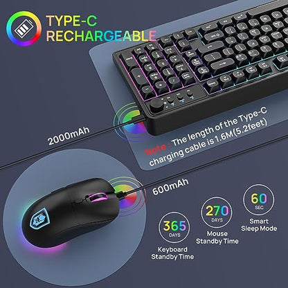 KOLMAX BT98 Wireless Keyboard and Mouse Combo,Triple Mode 2.4G/Wired/Bluetooth Gaming Keyboard and Mouse,Rechargeable Ergonomic RGB Backlit Light Up Keyboard Mouse with Knob for PC/Mac/Tablet - color: BT98 Black