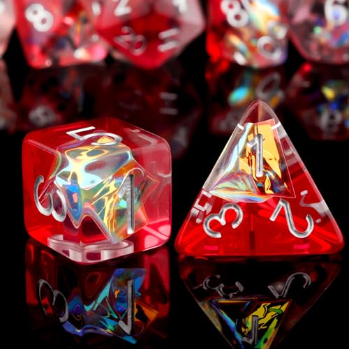 Haxtec Red Clear DND Dice Set, 7 Pcs Iridescent Resin Polyhedral RPG Dice | Role Playing Games Dice with Velvet Bag, Rounded Edge, Compatible with Dungeons and Dragons, Gifts for D&D Lovers - color: Red White
