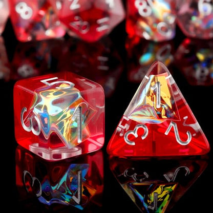 Haxtec Red Clear DND Dice Set, 7 Pcs Iridescent Resin Polyhedral RPG Dice | Role Playing Games Dice with Velvet Bag, Rounded Edge, Compatible with Dungeons and Dragons, Gifts for D&D Lovers - color: Red White