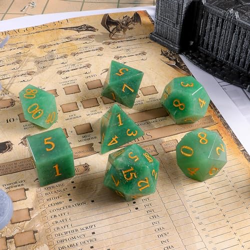 LUCKY-M Aventurine Gemstone DND Dice Set, 7 PCS Dungeons and Dragons Dice with Case for RPG MTG, Stone Dice Set D&D D4 D6 D8 D10 D00 D12 D20 - color: Aventurine
