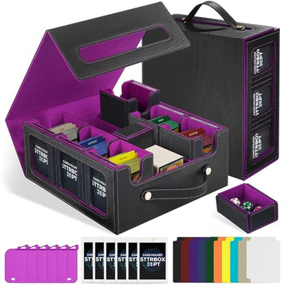 Commander Deck Box with Handle, Trading Card Storage Box for MTG&TCG.7 in 1 MTG Deck Box with 6 Toploaders, 6 Stoppers, 10 Colorful Dividers. (Black& Purple, 7 IN 1) - color: Black& Purple