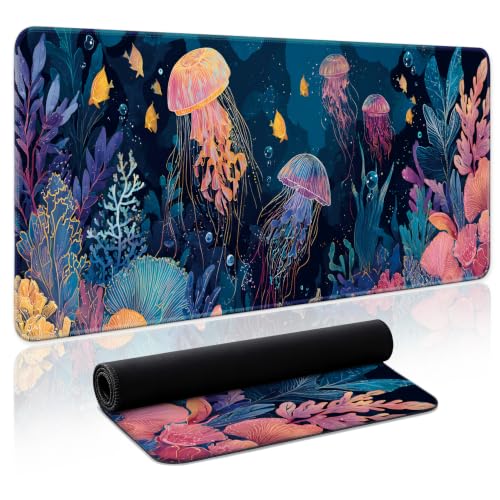 Aesthetic Desk Mat, Cute Ocean Jellyfish Desk Pad Protector for Work & Decor, 31.5" x 11.8", Pretty Non-Slip Extended Mouse Pad for Office or Home - color: F.Jellyfish, size: 31.5L x 11.8W inches