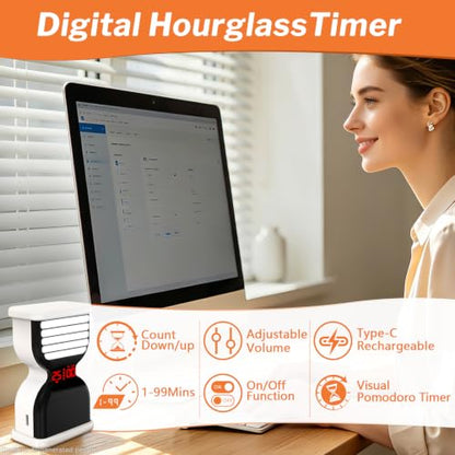 Digital Hourglass Timer, Rechargeable Visual Sand Timers, White | Pomodoro Countdown Timer with ON/OFF Alarm Volume LED Display, Desk Flip Timer, Ideal for Study Work Kitchen - color: White