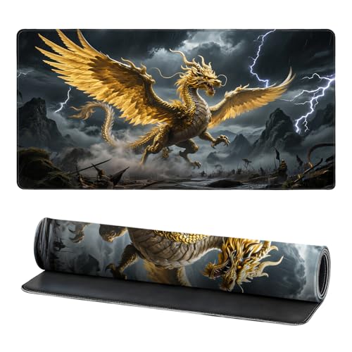 Large Thunder Dragon Gaming Mouse Pad, Chinese Desk Mat 31.5X15.7 | HD Print, Non Slip Rubber Base, Waterproof Fabric Top, Stitched Edges, Ideal Gift for Dorm, Home, Office & Back to School - color: Black