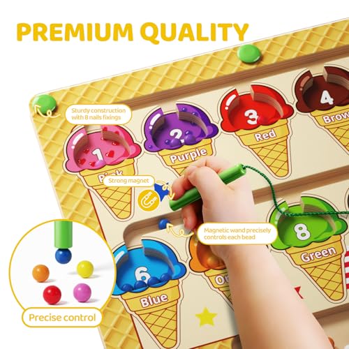 zhiwuzhu Magnetic Color and Number Maze，Wooden Matching Learning Counting Board for Toddler Ages 2-4，Preschool Learning Activities Toys，Toddler Fine Motor Skills Toys for Boys Girls - style: Ice Cream