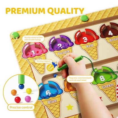 zhiwuzhu Magnetic Color and Number Maze，Wooden Matching Learning Counting Board for Toddler Ages 2-4，Preschool Learning Activities Toys，Toddler Fine Motor Skills Toys for Boys Girls - style: Ice Cream
