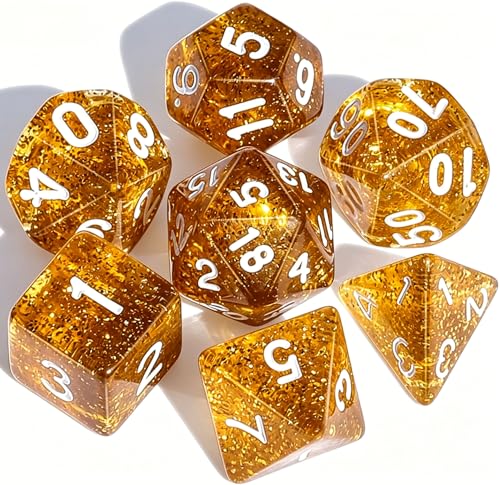 CiaraQ 7pcs Polyhedral Dice Set for Dungeon and Dragons MTG Table Games | Acrylic RPG Dice for D&D with Black Velvet Bag – Transparent Amber – Standard Size – Ages 14+ - color: Amber Yellow