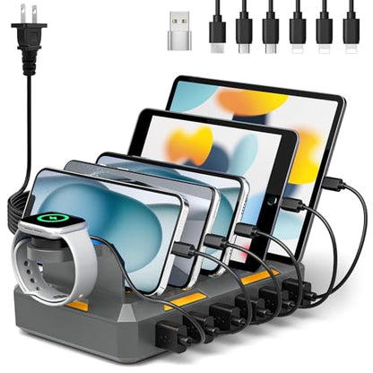 Charging Station for Multiple Devices, Honcila 50W Multiple Charger Station Charging Dock for iPhone iPad Cell Phone Tablet and More - 6 Port Multi Charging Station with 6 Mixed Cables (Space Gray)