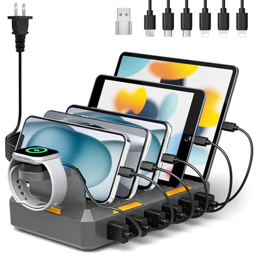Charging Station for Multiple Devices, Honcila 50W Multiple Charger Station Charging Dock for iPhone iPad Cell Phone Tablet and More - 6 Port Multi Charging Station with 6 Mixed Cables (Space Gray)