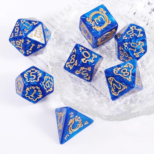 DND Dice Set - 7 Polyhedral Role Playing Dice with Gold Dragon Design, Acrylic D&D Dice Perfect for Dungeons and Dragons, Pathfinder, Warhammer, RPG Games (Blue) - color: Gold Dragon-blue