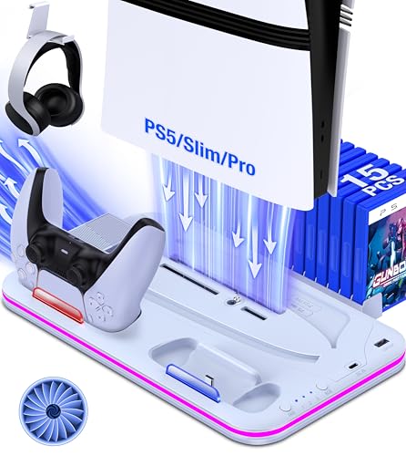 PS5/Slim/Pro Stand and Cooling Station with Controller Charging Station for PlayStation 5 Slim/Pro Console, PS5 Controller Charger, Cooling Stand, LED Light, Headset Holder for PS5 Accessories, White - color: White Stand for PS5 Slim/Pro/PS5