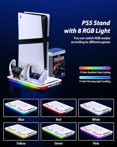 PS5 Cooling Station for PS5/Slim/Pro,PS5 Fan Cooling Fan with 8 RGB Light P5 Cooling Stand with 3 Level Fan Vertical Controller Charger Station with Dual Controller Chargers Dics Storage 4 HUB
