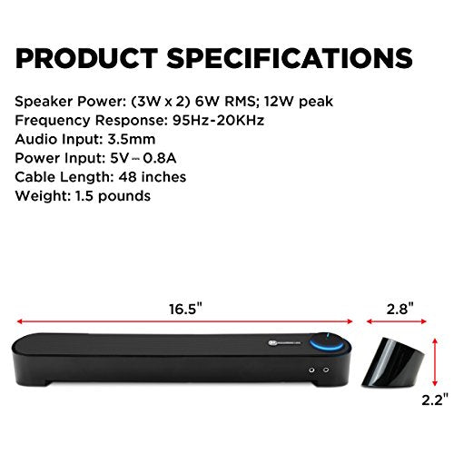 GOgroove Computer Speaker Mini Soundbar - USB Powered PC Sound Bar with Easy Setup Wired AUX, Stereo Audio, Microphone Port, Volume Control Knob, Under Monitor Design for Desktop (Blackout) - color: Blackout
