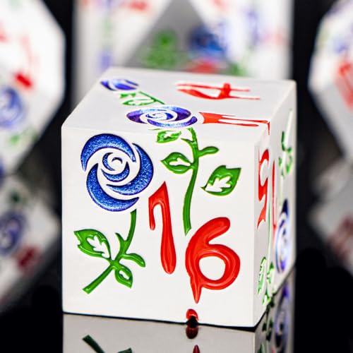 Gothic DND Dice Set Bleeding Rose Metal D and D Dice for use with Dungeons Dragons D&D Role Playing Game, Blue Purple RPG Polyhedral Dice Set D20 D12 D10 D8 D6 D4 - color: Purplish Blue&silver&red Numbers