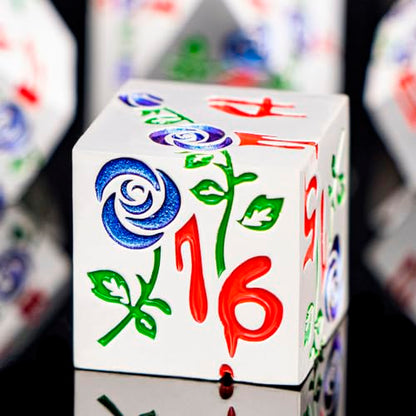 Gothic DND Dice Set Bleeding Rose Metal D and D Dice for use with Dungeons Dragons D&D Role Playing Game, Blue Purple RPG Polyhedral Dice Set D20 D12 D10 D8 D6 D4 - color: Purplish Blue&silver&red Numbers
