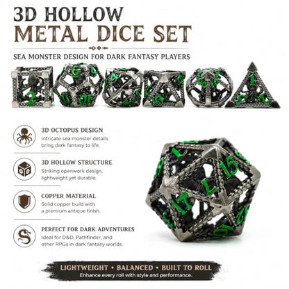 Hollow Cthulhu Metal Dice Set,7-Piece RPG Dice, Green Number | Lightweight Copper Dice,Easy-To-Read Numbers, a Gift Box and Velvet Bag for RPG Play, Gifting and Collecting. - color: Cthulhu Green Number