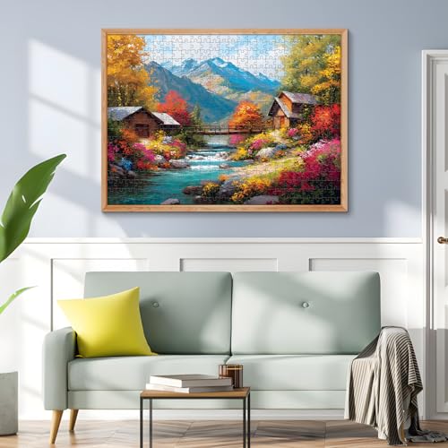 500 Piece Puzzles for Adults, Autumn Wooden Houses 500 Piece Puzzle, Beautiful Mountain Landscape Jigsaw Puzzle, Perfect for Family Game Night, Wall Decor, Gift for Adults, Seniors, 20.5 x 15 in - style: Mountain Stream