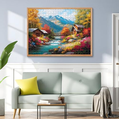 500 Piece Puzzles for Adults, Autumn Wooden Houses 500 Piece Puzzle, Beautiful Mountain Landscape Jigsaw Puzzle, Perfect for Family Game Night, Wall Decor, Gift for Adults, Seniors, 20.5 x 15 in - style: Mountain Stream