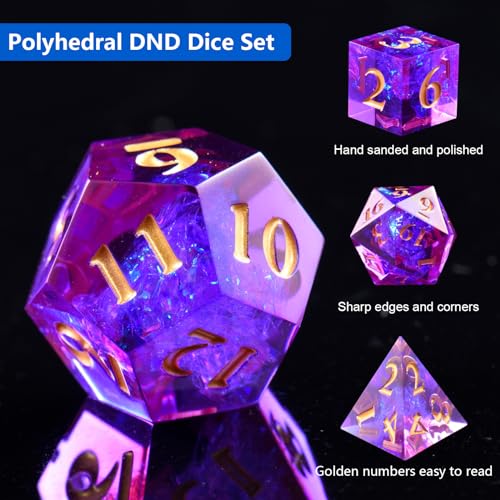 DND Dice Set, 7 Pcs Sharp Edge D&D Dice Polyhedral Resin Dice for Dungeons and Dragons RPG MTG Role Playing Table Games - color: Purple