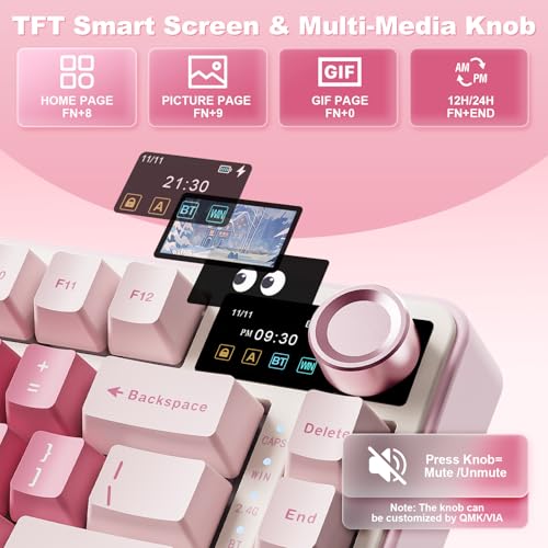 YUNZII B75 PRO MAX QMK/VIA Wireless Mechanical Keyboard | 75% Layout with Screen and Knob, Custom Hot Swap, Gasket, Creamy Switches, for Win/Mac (Pink Heart,Milk V2 Switch) - color: Pink Heart, size: Milk V2 Switch