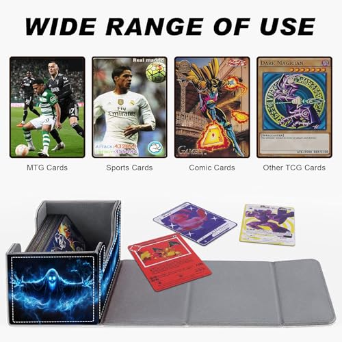 Card Game Storage Box TCG Deck Box MTG Card Box Organizer Trading Card Case Commander Deck Box TCG Card Storage Box Magnetic Closure Creative Pattern Up to 200 Cards, Blue Flame Smoke Skull Death - color: Blue Flame Smoke Skull Death