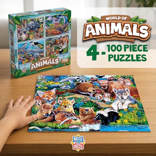 MasterPieces Jigsaw Puzzle Set for Kids, 4-Pack of 100 Piece Puzzles, Educational Animal Theme, Fun Game, Gift Idea, 8" x 10" - style: World of Animals V1