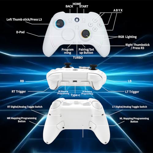 ROTOMOON HD151-S Wireless Game Controller with 7 Colors LED Lighting Compatible with Xbox One S/X, Xbox Series S/X, with 2.4G Wireless Adapter, 3.5mm Audio Jack Gaming Gamepad, Turbo/Programmable - color: Light white