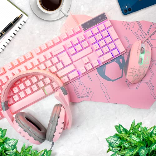Pink Gaming Keyboard and Mouse Headset Headphones and Mouse pad, Wired LED RGB Backlight Bundle Pink PC Accessories for Gamers and Xbox and PS4 PS5 Nintendo Switch Users - 4in1 Edition Hornet RX-250 - color: Pink