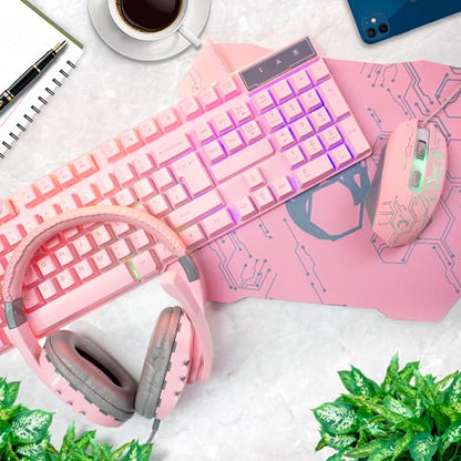 Pink Gaming Keyboard and Mouse Headset Headphones and Mouse pad, Wired LED RGB Backlight Bundle Pink PC Accessories for Gamers and Xbox and PS4 PS5 Nintendo Switch Users - 4in1 Edition Hornet RX-250 - color: Pink
