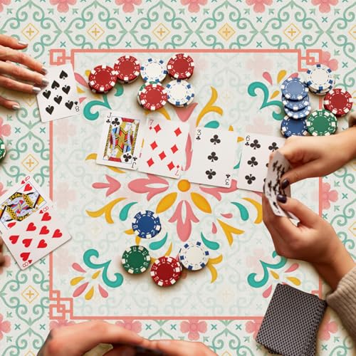 Turquoise Pink Chinoiserie Floral Mahjong Mat 31.5 x 31.5 in, Abstract Art Chinese Non-Slip Noise Reduction Gaming Mat for Table American Mahjong Poker Board Games Card Games Dominoes - color: Emerald Pink Abstract Floral Pattern Mahjong Mat