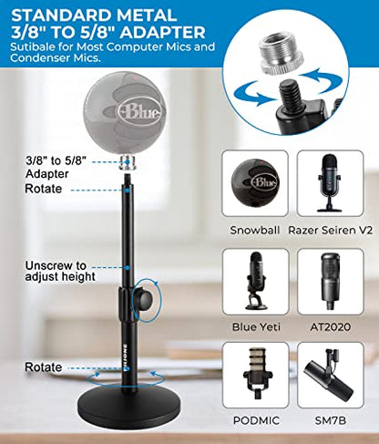 Multifunctional Desktop Microphone Stand, Adjustable Mic Stand Desk with Pop Filter, Shock Mount, Microphone Clip, 5/8" to 3/8" Metal Screw Adapter (Pack of 2) - size: Round Base (Pack of 2)