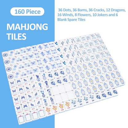 TIASUSAN Light Blue American Mahjong Tile Set(1.2"), 160 Engraved Tiles with Mahjong Tiles Bag and Mah-jongg Accessories - style: 160 Light Blue Tiles