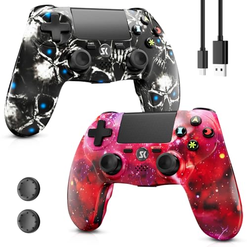 Wireless Controller for PS4, 2 Pack Controllers for PS4 with Double Vibration/6-Axis Sensor/Touch Pad/Headphone Jack, Ergonomic Non-Slip Grip Compatible with PlayStation 4/Slim/Pro (Skull & Red) - color: Skull & Red