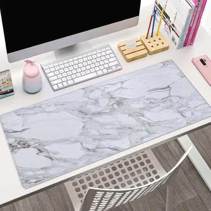 White Grey Marble Print Large Gaming Mouse Pad Keyboard Desk Pad Extended Mouse Pad Gaming Office Decor, PC Laptop Mouse Pads Large (31.5x11.8 in) with Stitched Edges Non-Slip Base Mousepad XL - color: White Grey Marble Print