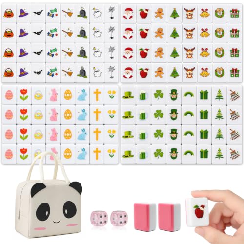 130 Pcs Mahjong Block Set, 4 Players 1.18” Seaside Escape Game Blocks with 4 Different Theme(Christmas, Halloween, St Patricks, Easter),Portable Vita Mahjong Game Set with A Carry Bag