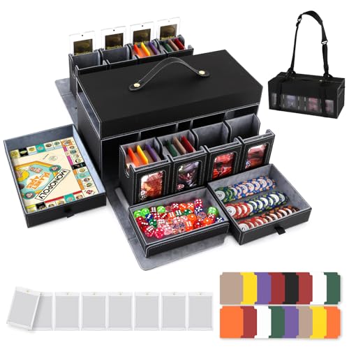 Mtg Commander Deck Box with Handle, 8Removable Deck Modular and 3Dice Trays | Holds 1500+Double-Sleeved Cards, Strap & Magnetic Lock, Magnetic Holders, Dividers Included, Display Window, Fit TCG/EDH,Grey - color: Black Grey
