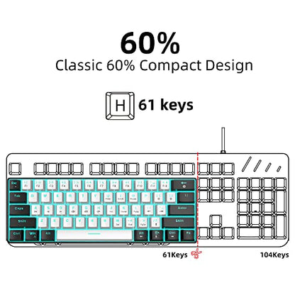 Snpurdiri 60% Wired Mechanical Gaming Keyboard (Black-White, Red Switches) | Ice Blue LED Backlit 61 Keys Mini Wired Office Keyboard for Windows Laptop PC Mac - color: Black White(Ice Blue Light)/Red Switch